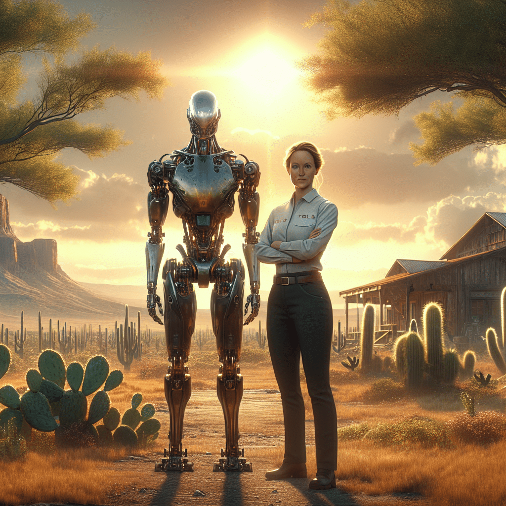 A picture featuring a robot, Tesla engineer, and Texas scenery.