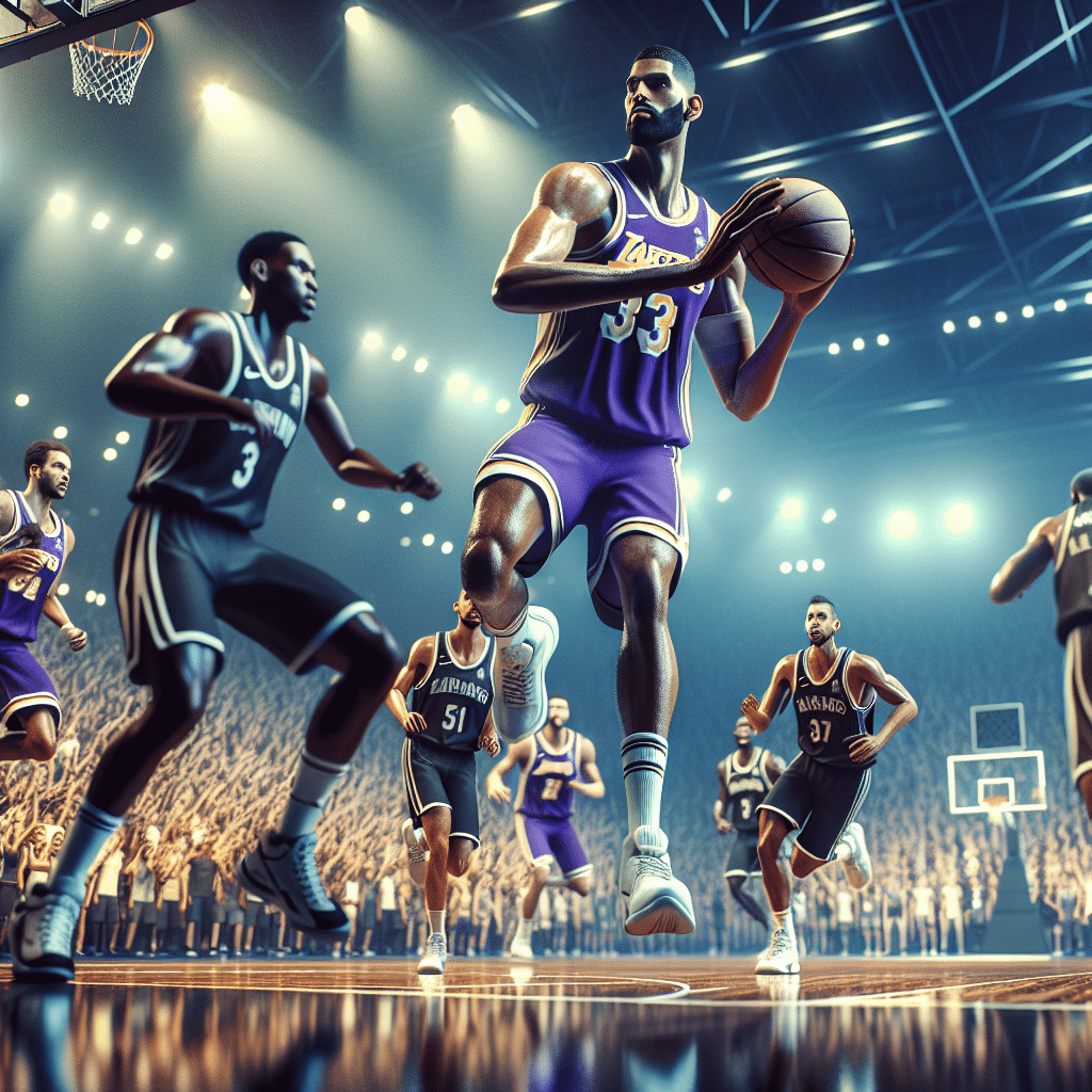 The picture has purple and gold Lakers colours with LeBron James and Anthony Davis leading their team against the Spurs in the NBA. The players are looking ready to compete and the stadium filled with cheering fans in the background.