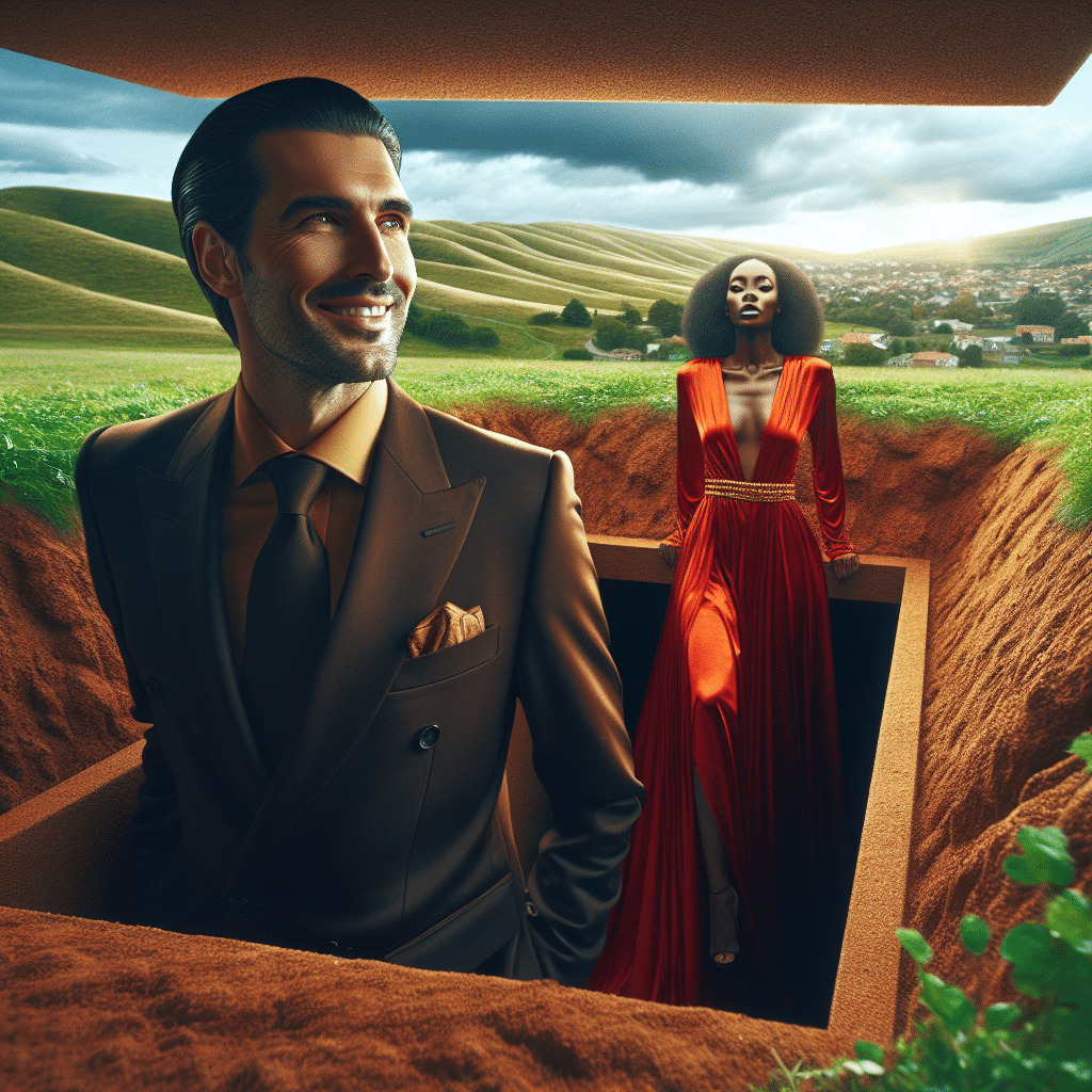A rich brown bunker surrounded by trees and lush green hills, two billionaires exiting with satisfied expressions, one in a tailored suit, the other in a red dress.