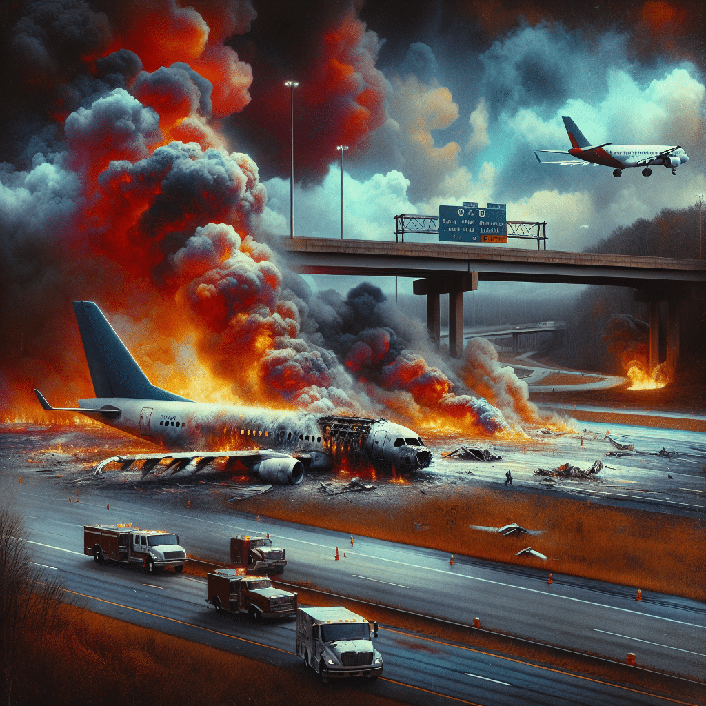 Picture has Interstate 26 in the background with blue skies. Scene shows an aviation accident and incident with fire and white smoke as the plane lies crashed on the runway of Asheville Regional Airport. Reds, oranges and yellow from the fire fill the sky.