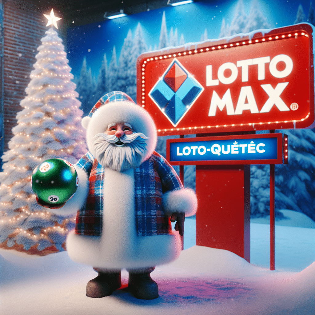 A bright red Lotto Max sign with a picture of a white christmas tree against a snowy backdrop. Beneath the sign is a jolly Santa Clause in a blue and white plaid jacket smiling and holding a green lotto ball, while a blue Loto-québec banner hangs on the wall in the background.