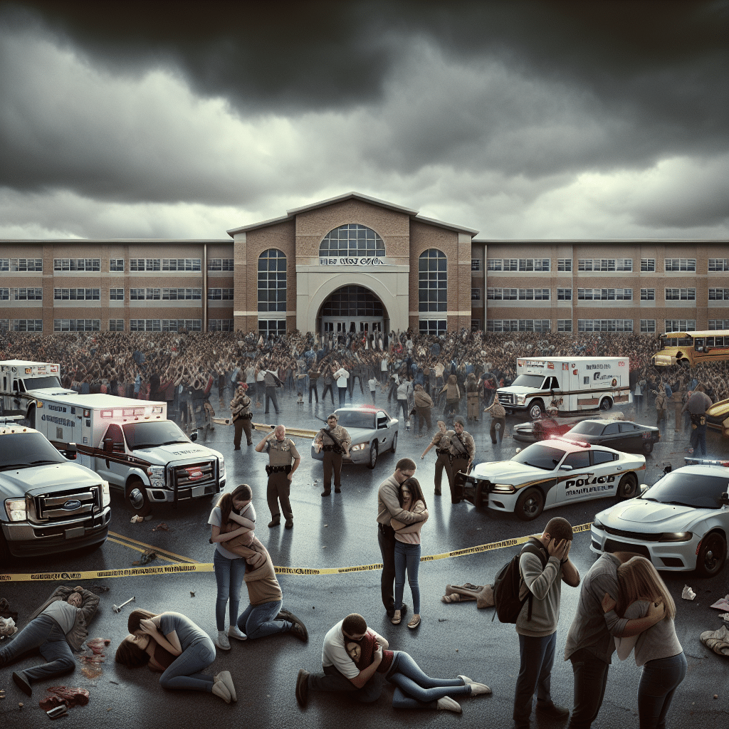 The picture is of Oxford High School in Michigan after a school shooting. It is a grey and overcast day and the school is surrounded by emergency vehicles, caution tape and police officers. People are crying and hugging in the foreground.