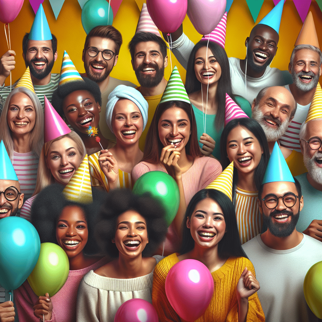 Vibrant and humorous illustration of the celebrities gathered together wearing party hats and blowing colorful balloons. Bright yellow, pink, and blue as the main colours of the background. Several characters smiling and celebrating together in a warm and festive atmosphere.