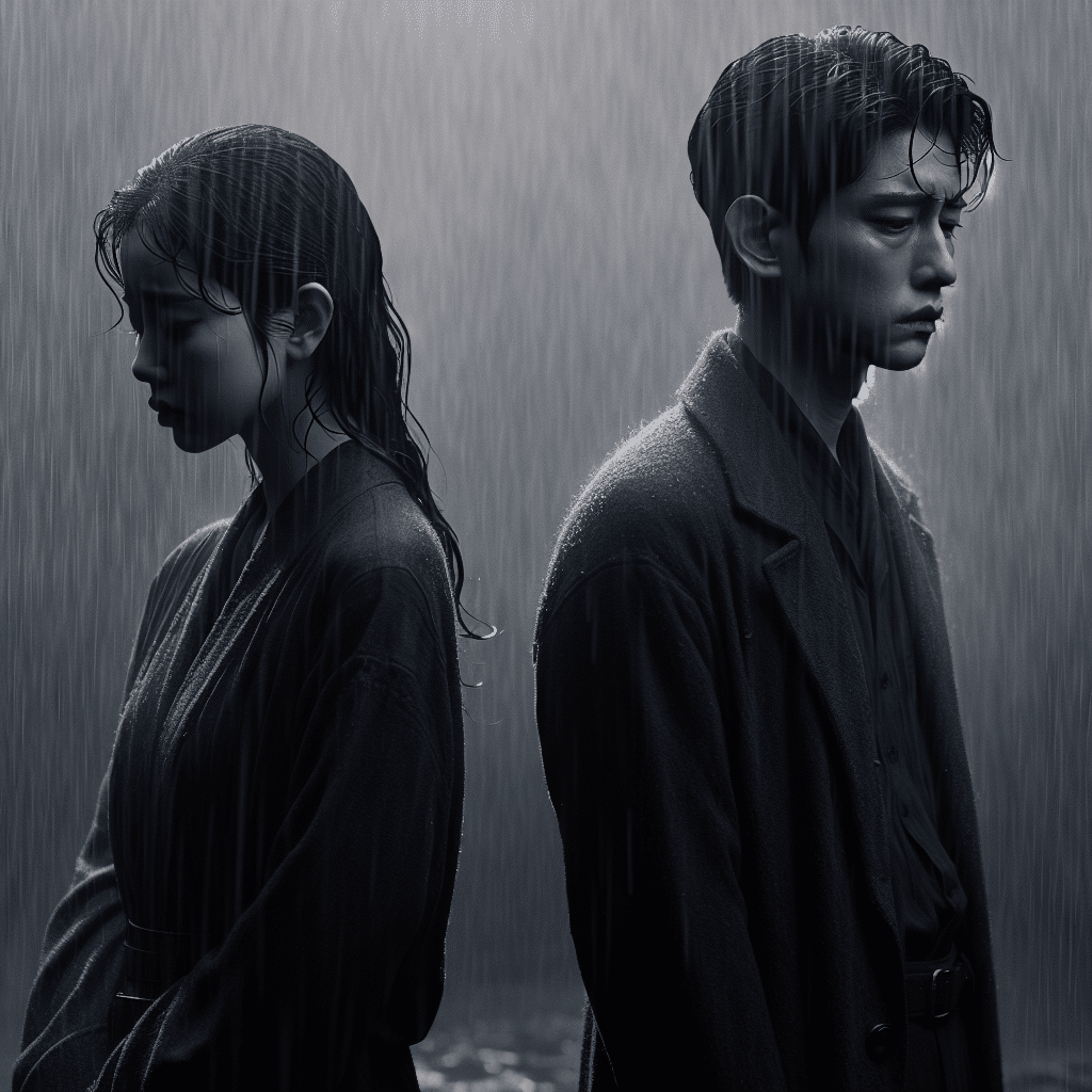 Sad, monochromatic picture with Yulhee and Minhwan facing away from each other, in a rainy, grey background, wearing dark clothes, looking brokenhearted.