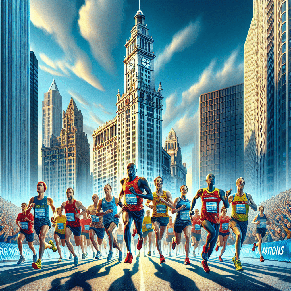 The picture depicts the Chicago Marathon with people running against a backdrop of blue skies and the Bank of America building. A few runners in the foreground are wearing red and yellow shirts emblazoned with the logo for the Marathon. The background is filled with spectators cheering the participants on.