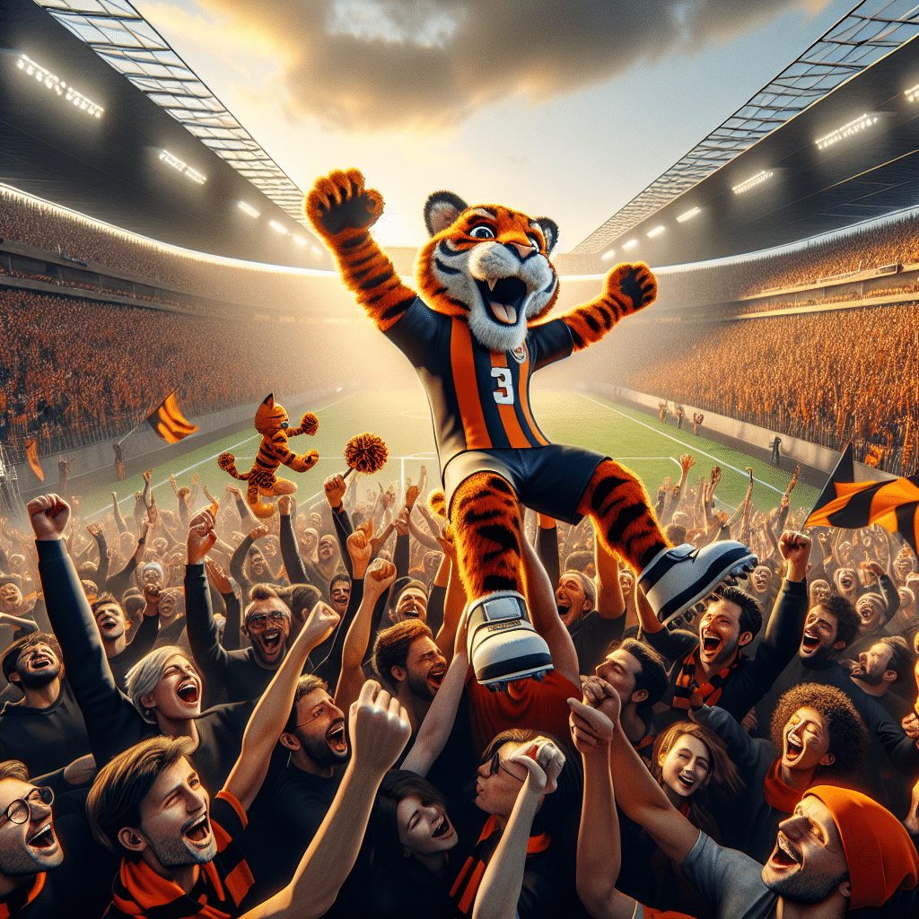 The art is of a busy crowd in orange and black celebrating a Missouri Tigers victory at the Cotton Bowl Classic. In the foreground, a tiger mascot is hugged and lifted up by joyous fans. The background features a sun-drenched stadium full of cheering supporters.