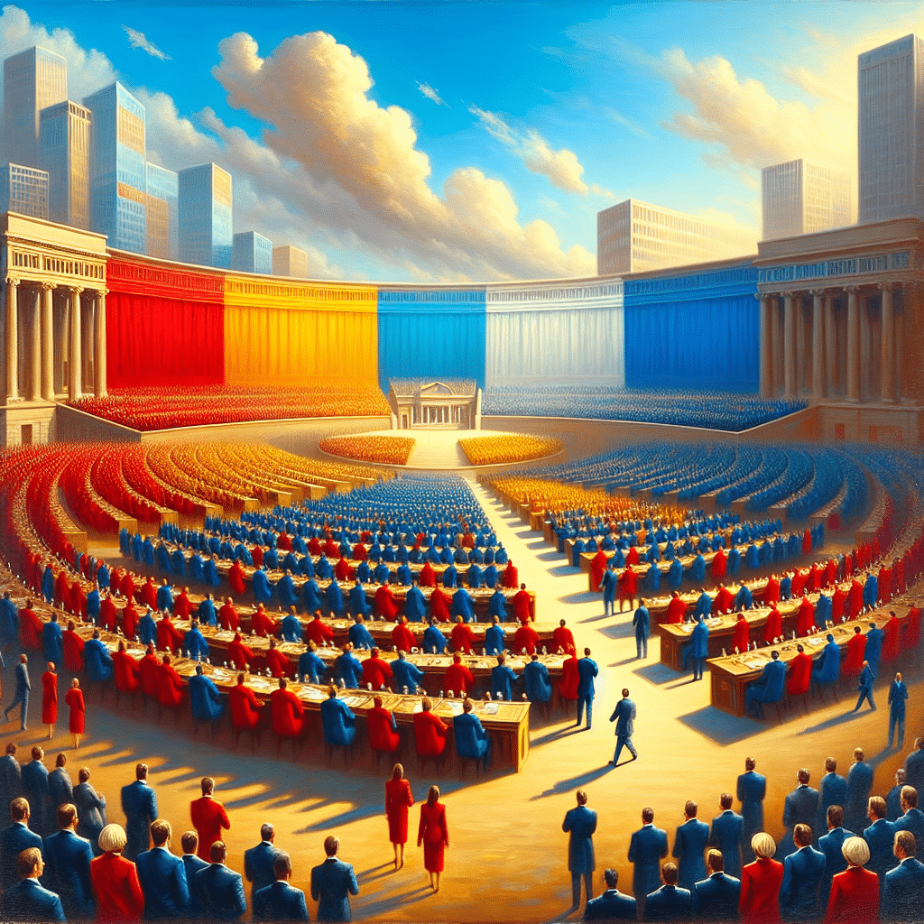 An oil painting of a grand auditorium, filled with people in formal outfits, during a meeting of the three companies. Bright hues of red, blue, and yellow, symbolizing the corporate branding of Warner Bros., Discovery, and Paramount, dominate the scene. Around the edges, buildings and offices tower against a blue sky.