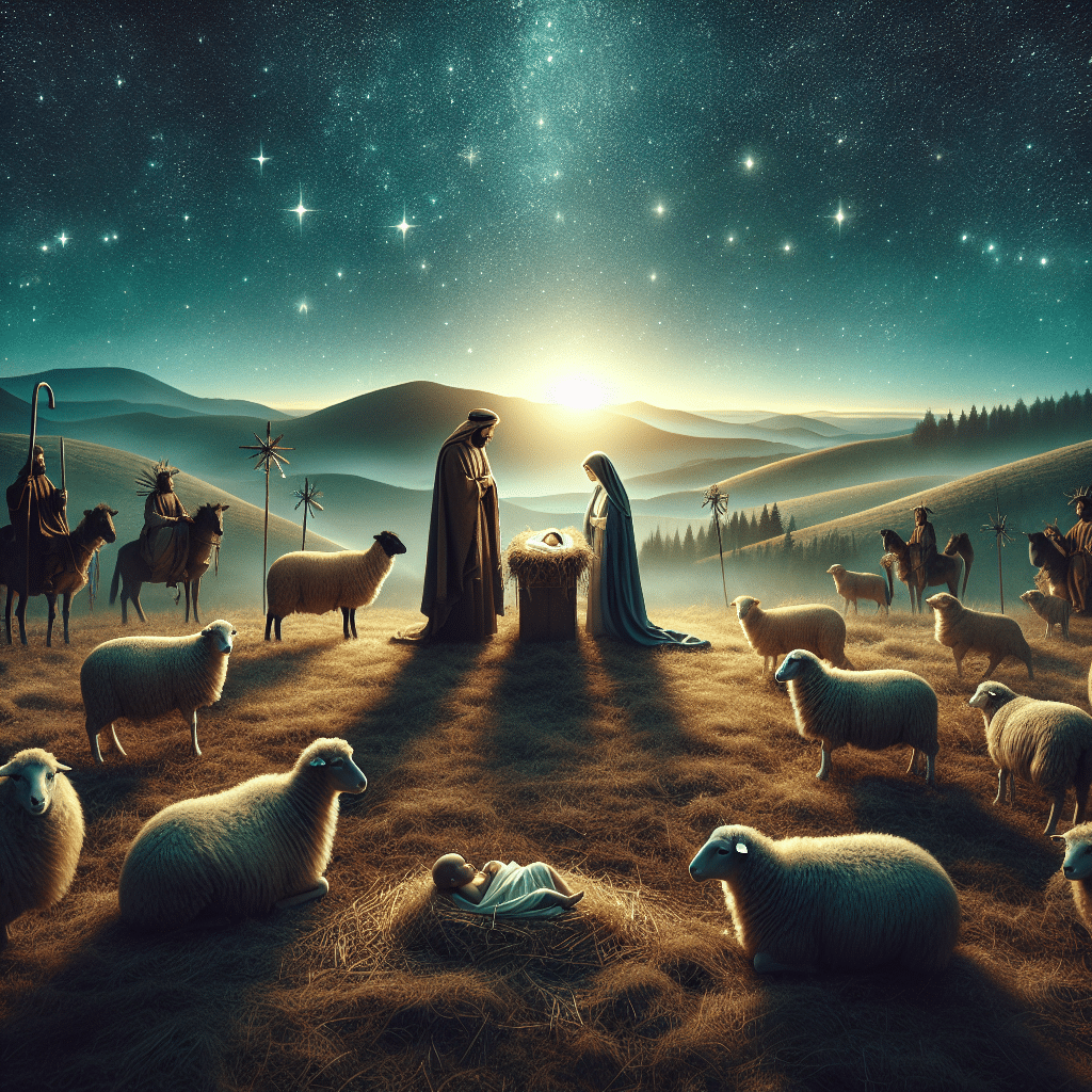 Brightly lit painting with Mary and Joseph on the forefront, shepherds, sheep, hills, stars in the night sky, the Baby Jesus in a manger. Relaxed tones of blues, greens, and yellows throughout.