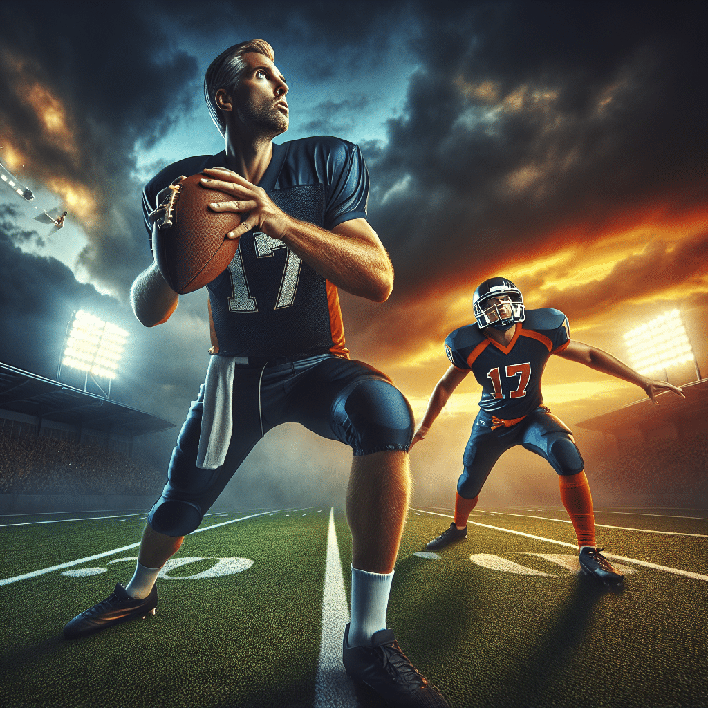 Josh Allen in Buffalo Bills navy blue jersey, looking up, throwing an interception to Denver Broncos defender in orange and navy. Field is green with white lines. Background is yellow and orange sky with two stadium lights.