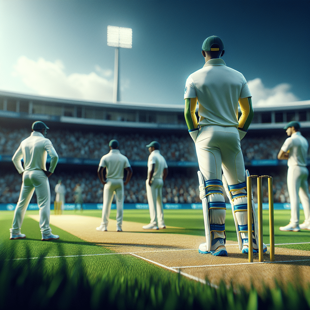 The picture features South Africa's national cricket team playing a Twenty20 International match. Rinku Singh, Suryakumar Yadav, and Aiden Markram are in the front, dressed in their team's all-white uniforms with blue and yellow accents. The match is being played on an outdoor field with a bright blue sky in the background.