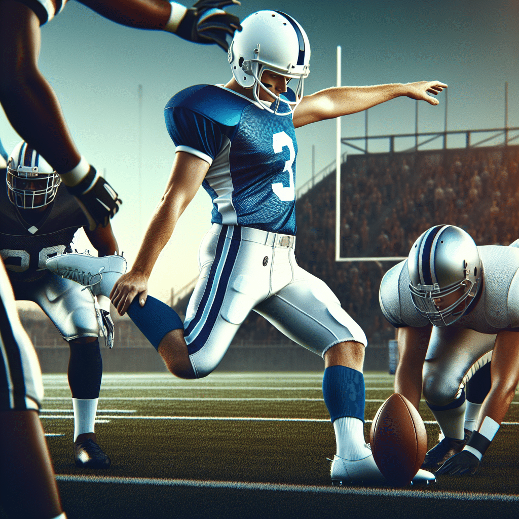 Brandon Aubrey is a placekicker for the Dallas Cowboys in the NFL. He is wearing a blue and white jersey with a white helmet about to kick a field goal. The Philadelphia Eagles defenders are in the background. The field is green and the sky is blue.