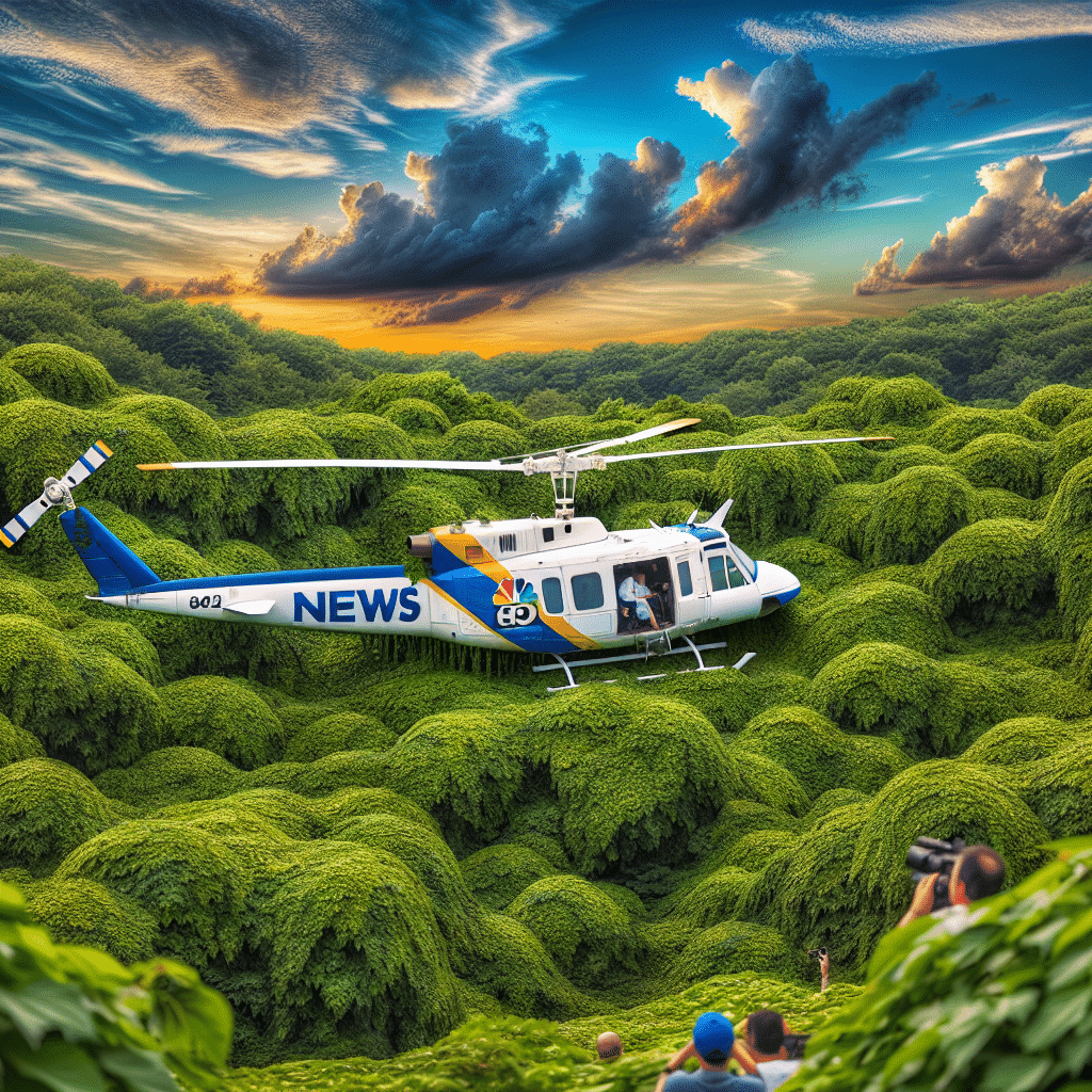 This picture shows a WPVI-TV helicopter, white with blue and yellow stripes on the side, crashed on some trees in a hilly region of New Jersey. A Action News station staff are visible at the front, taking pictures of the accident and incident. The dramatic sky in the background is orange and blue with clouds.