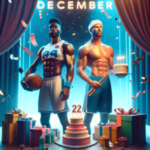 Brightly coloured, retro-style illustration depicting Ulrich and Ozzie Smith, standing side-by-side, in celebration of their December birthdays. They are both holding presents and cake, surrounded by colourful confetti and streamers. The background features a stage with a starry curtain.