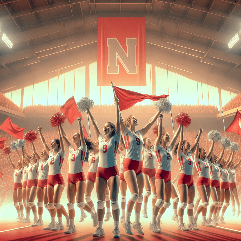 This picture shows the University of Nebraska-Lincoln's Nebraska Cornhuskers women's volleyball team at the 2019 NCAA Division I Football Bowl Subdivision final four. The team is pictured in their traditional red and white uniforms with the NCAA logo in the background. The players are celebrating together with flags held high in the air.