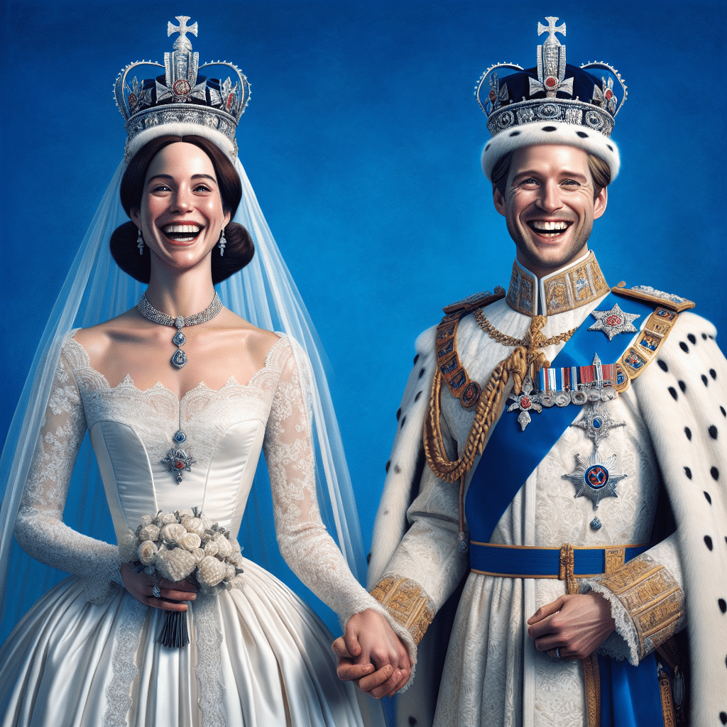 A royal blue background sets the tone of the picture with Catherine in her iconic white wedding dress smiling and holding hands with a beaming William. The crown sits atop the couple’s heads, uniting their love with the British royal family.