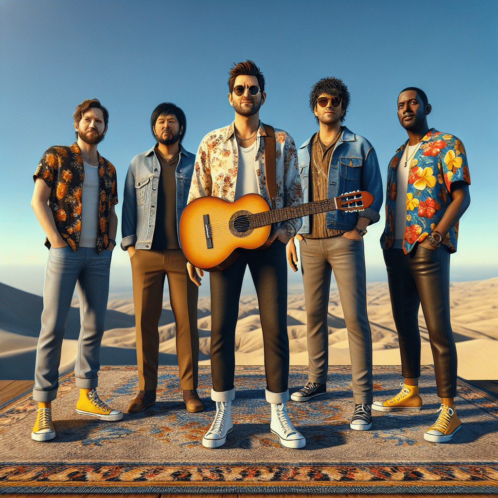 This picture features the five men together in a sunny setting. Jeffrey Foskett holds a guitar, the Beach Boys wear yellow converse shoes, Brian has a flower shirt, John wears a denim jacket and Mike a Hawaiian shirt. In the background, there's a sandy beach and blue sky.