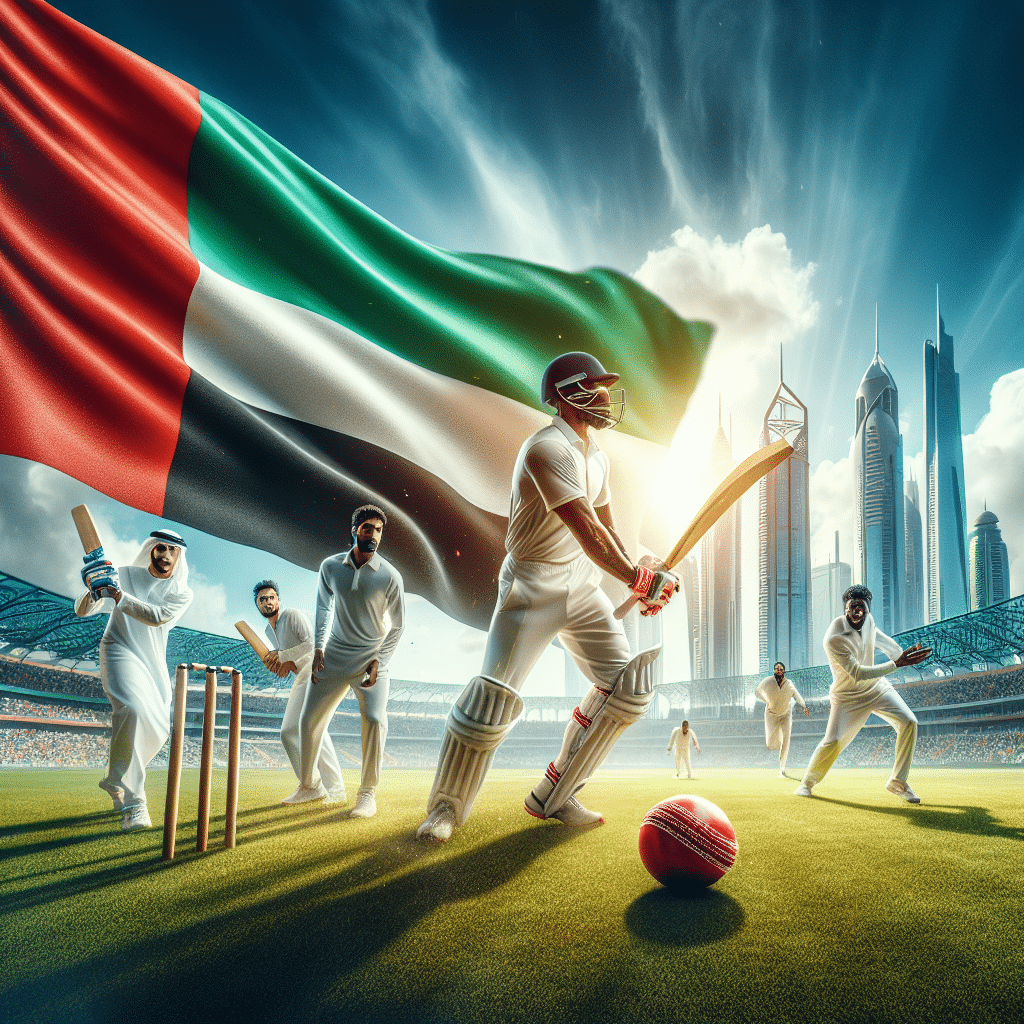 A close up of an Emirati Flag in red, green and black fluttering in the air against a sunny blue sky. A group of cricket players in white uniforms on a lush green field with the UAE skyline on the horizon.