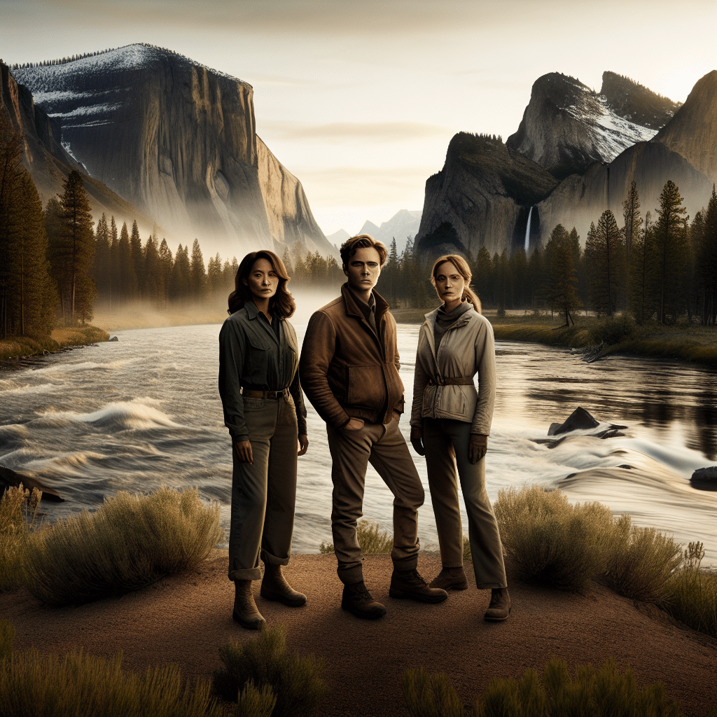 The picture features Kevin Costner, Jewel, and Christine Baumgartner posing in front of the Yellowstone river wearing dark green and light beige coats. A picturesque background of snow-capped mountains can be seen with trees in the foreground while the sun sets in the background.