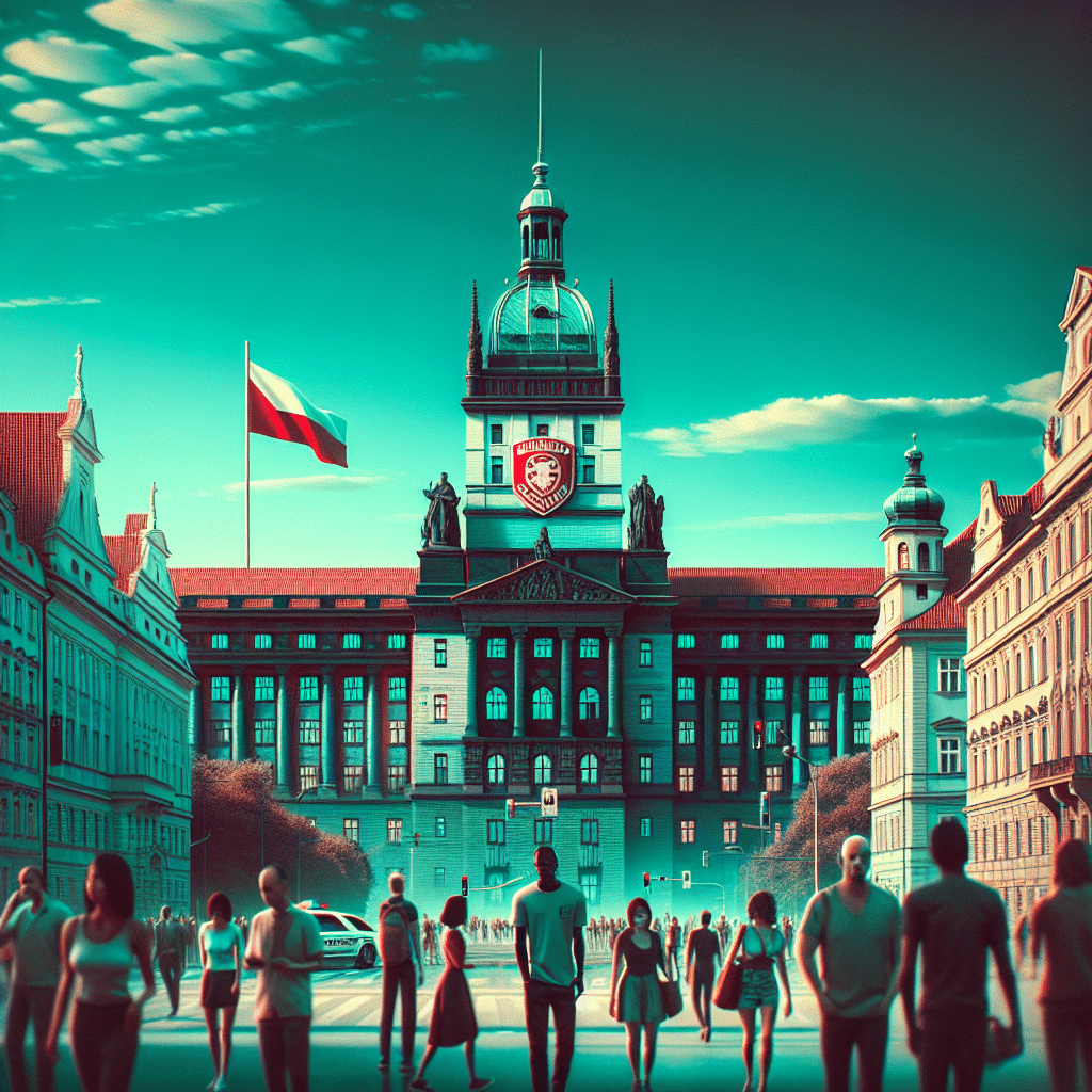 The picture depicts Prague with a turquoise sky in the background. In the foreground, a building belonging to Charles University is visible, with the red and white Police of the Czech Republic logo prominently displayed. People are gathered on the street in the foreground, adding a lively atmosphere.