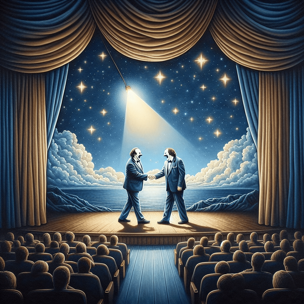 Colours: shades of blue, cream, gold. Scene: Billy Crystal alongside Joe Biden on a stage illuminated by a spotlight. Front: Biden and Crystal shaking hands, the former making a joke with a smile. Background: black stage curtains with stars twinkling in the night sky.