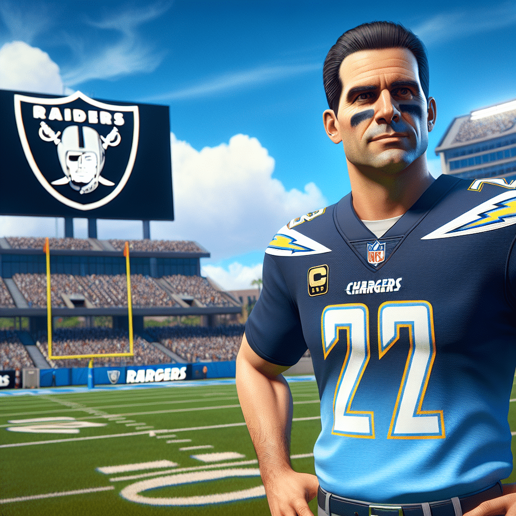 The picture shows a Los Angeles Chargers Head coach in an NFL jersey standing on an American football field in front of the Las Vegas Raiders logo. The background is a bright blue sky and the colours of the jerseys are navy blue, powder blue and white.