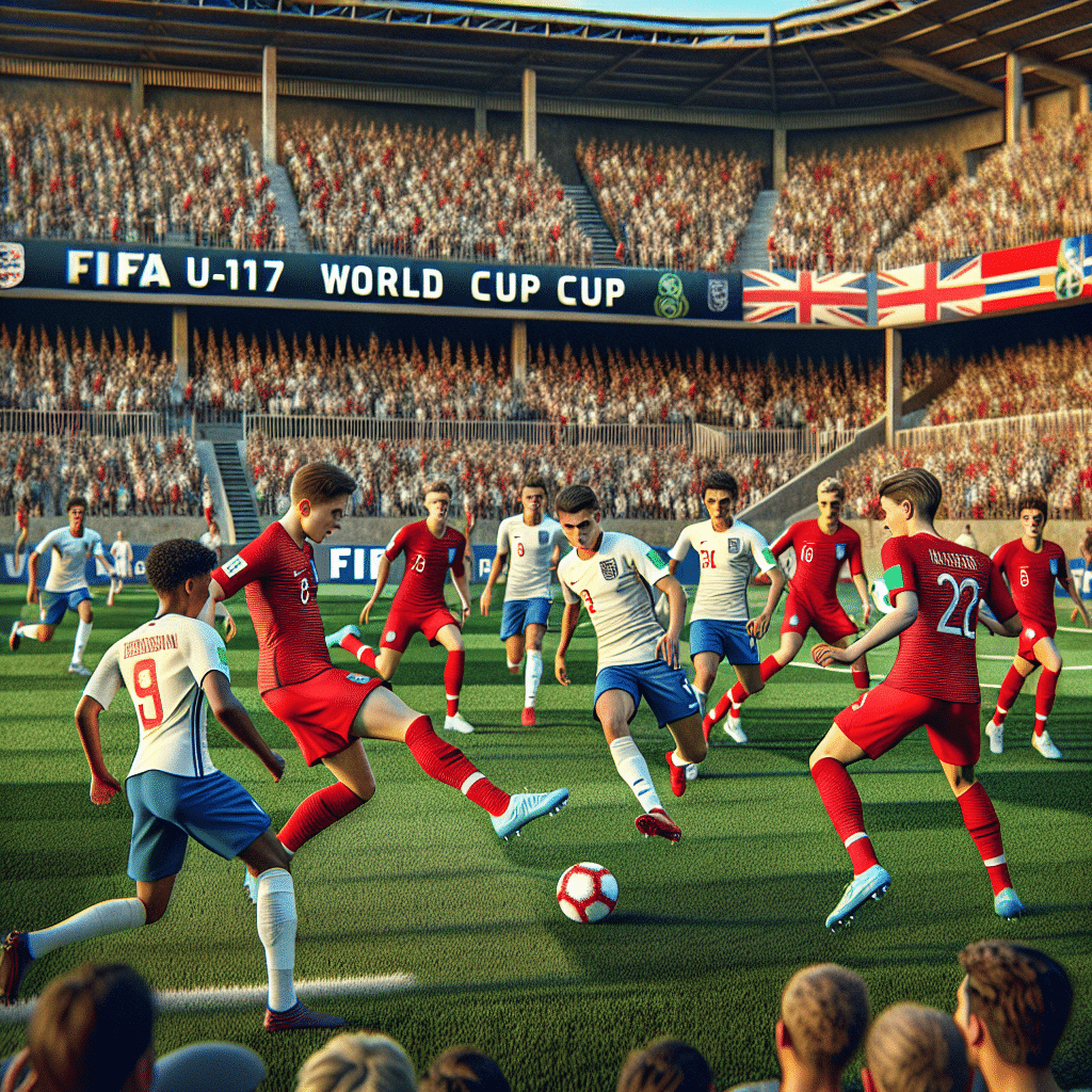 The featured image depicts a football match between the England national under-17 football team, in red and white striped jerseys, and the New Caledonia national under-17 football team, in white and blue jerseys. The background highlights the FIFA U-17 World Cup logo and they are playing on an artificial grass field with some spectators in the stands.
