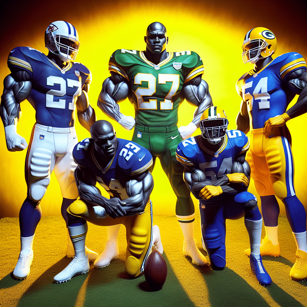 There are four NFL players on the picture. Kansas City Chiefs' Jerick McKinnon in green and white, Green Bay Packers' running back and linebacker in blue and yellow, all posing against a bright yellow background.