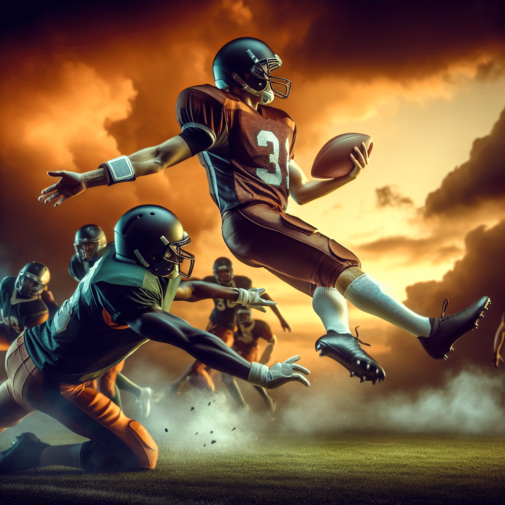 Vibrant painting of a Browns quarterback kicking a ball in the air with a Jets' defender trying to block it, against an orange sunset sky back round.