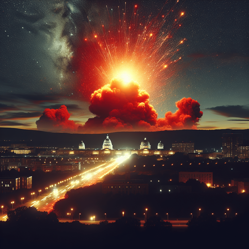 The picture shows a night sky lit with a red flare in Arlington County, Virginia. In the distant background buildings are lit with yellow and white light. In the foreground is an explosion of red, yellow and orange.