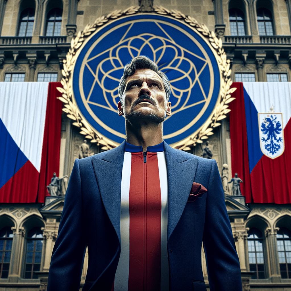 Pavel Tykač is pictured in the centre, wearing an all-navy suit with a SK Slavia Prague shirt beneath. The background is a field of blue CITIC Group logo and Czechia flag. He stands in front of a the Old Town Hall of Prague, looking up with determination.