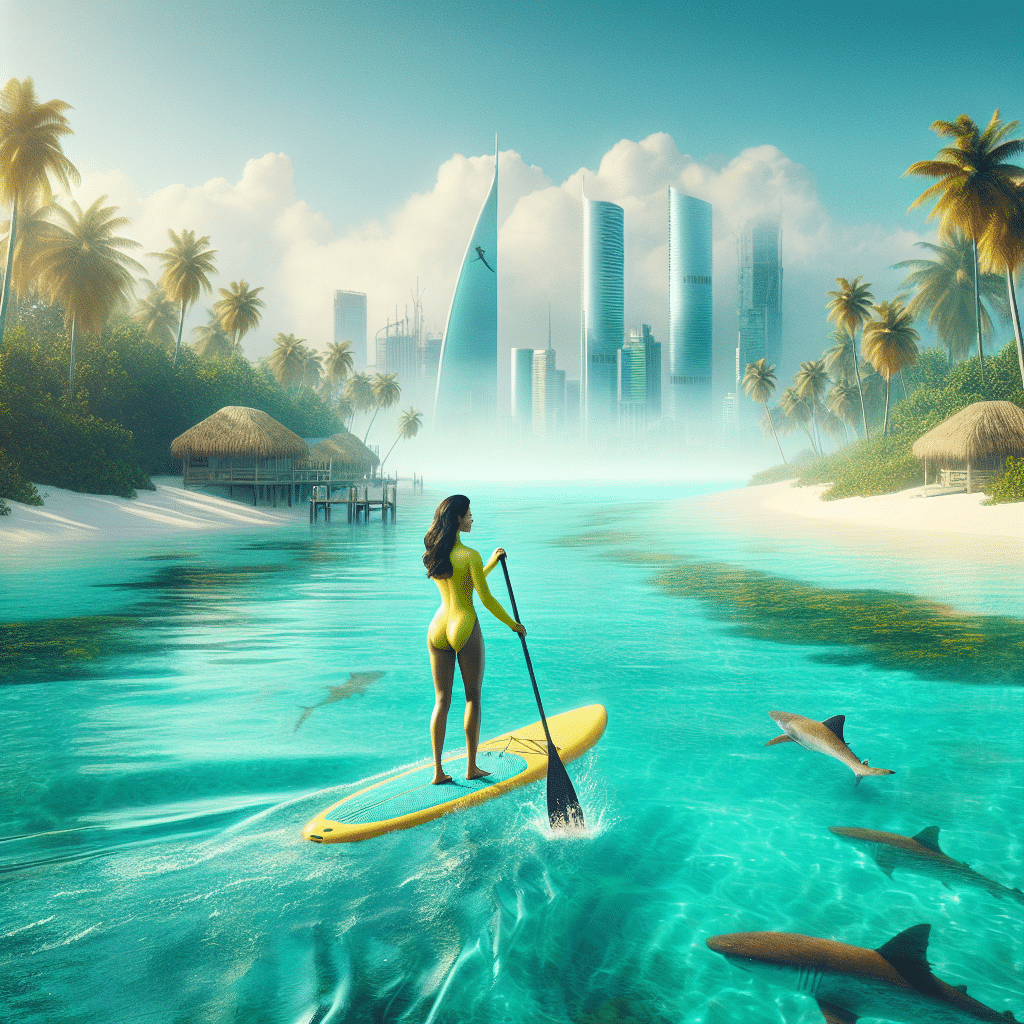 This picture features a tropical oasis in the Bahamas with a vibrant turquoise sea surrounded by beautiful white sand beaches. In the foreground, a person wearing a bright yellow paddle-boarding suit is gliding through the calm waters. In the background, Boston's skyline is visible through the faint fog above the sea, with several sharks circling nearby.