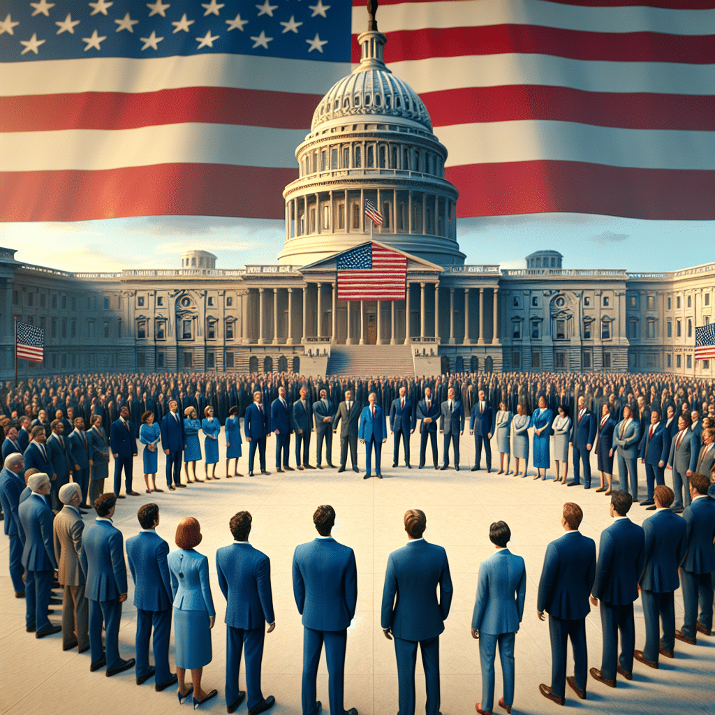 The picture shows a group of Republican Members of Congress for New York's 22nd Congressional District standing in a circle in front of the United States Congress building. The group is predominantly wearing blue suits, and the background of the picture is the red, white and blue of the American flag.