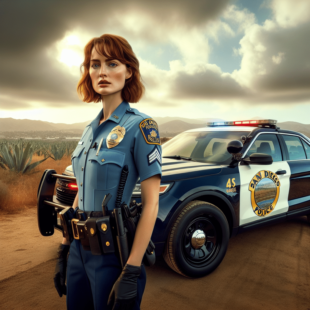 An auburn-haired police officer stands in front of a San Diego Police Department cruiser in 4S Ranch. The car is painted in a navy blue with light yellow and white stripes. The officer is wearing a light blue uniform with a black utility belt and hat. The background is a partly cloudy sky with mountains in the distant background.