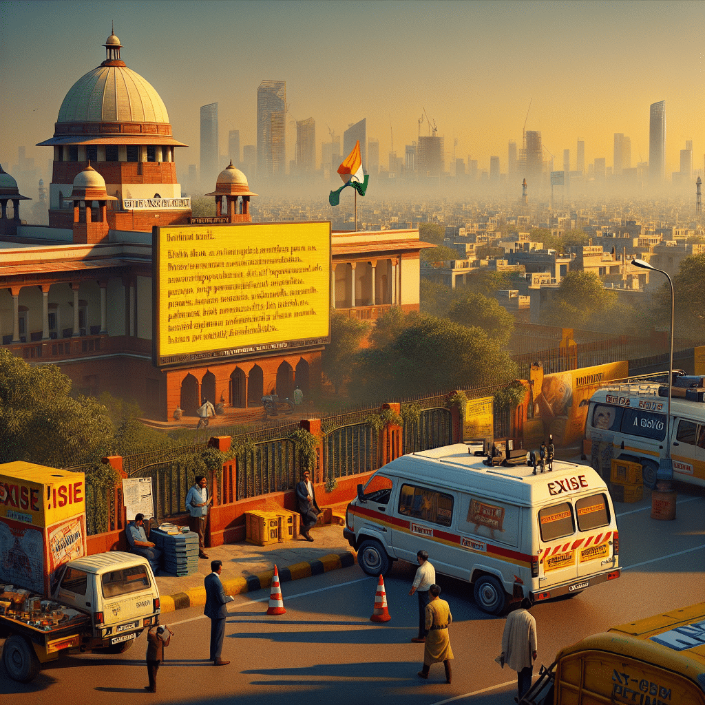 The picture has Supreme Court of India in the foreground with a scrolling message of Bail and Pre-trial detention in yellow background. Delhi and an Excise van with a sticker of the liquor brand Pernod Ricard on it can be seen in the distance. Manish Sisodia is speaking to a person in a news conference. The background has a sunny blue sky.