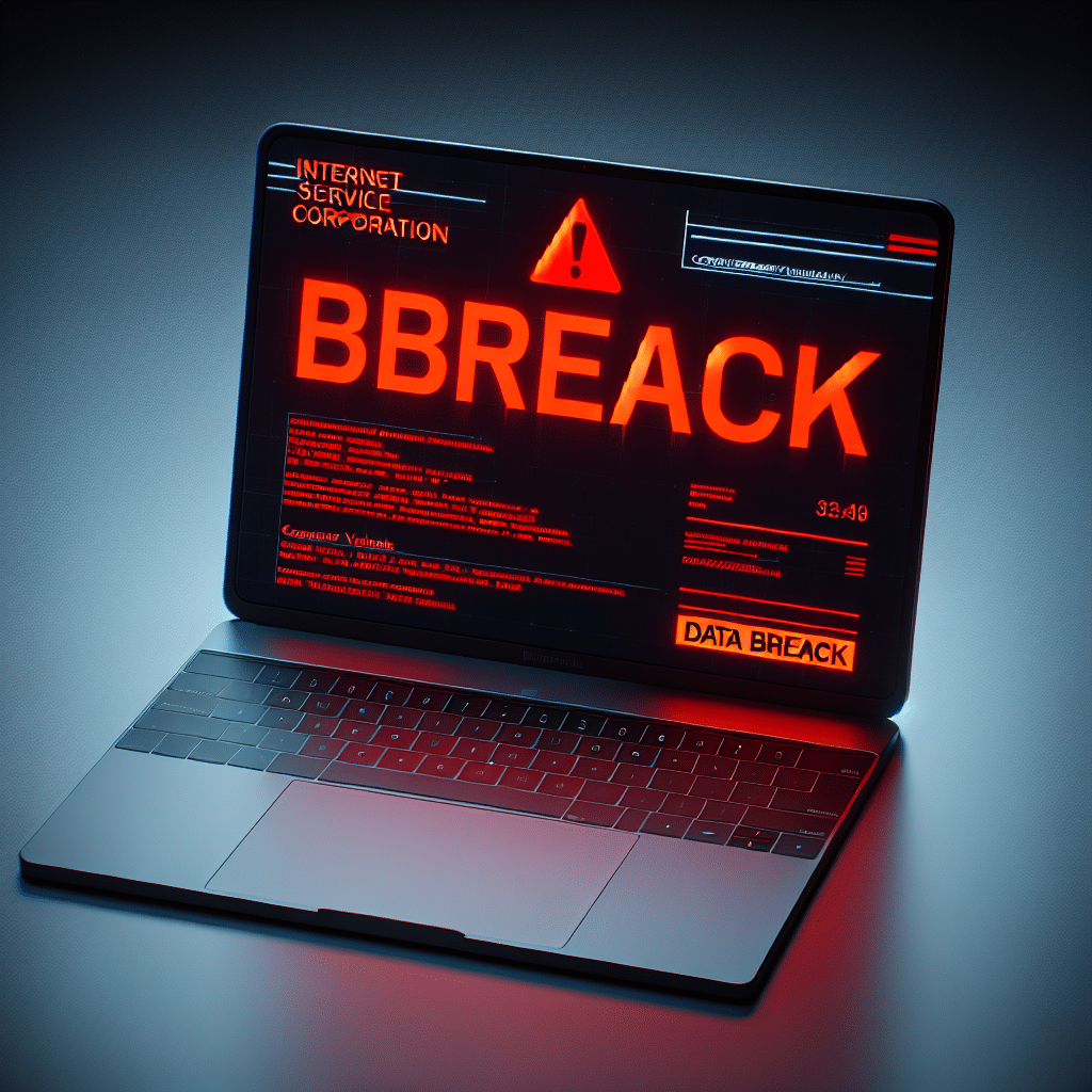 The picture is of a laptop screen with a bright, red warning sign. Listed is the word 'Comcast Corp.' and 'Data Breach.' Near the bottom is the text 'Computer security vulnerability.' The background consists of a grey laptop case.