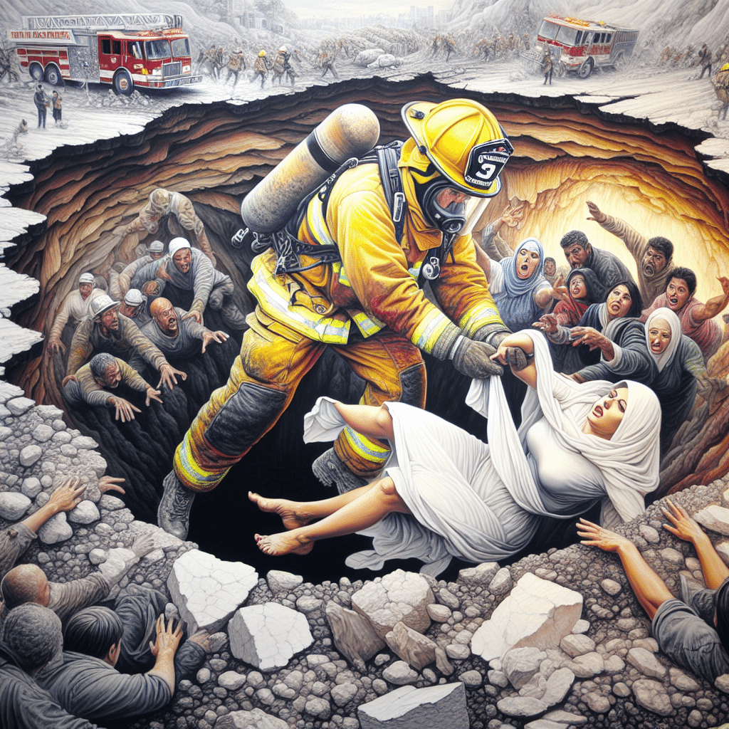 Fontana woman trapped in 25-foot-deep sinkhole. Firefighters & urban search-and-rescue team perform emergency rescue. Swift action saves woman after 2-hour ordeal. #Fontana #Sinkhole #Rescue #Firefighter