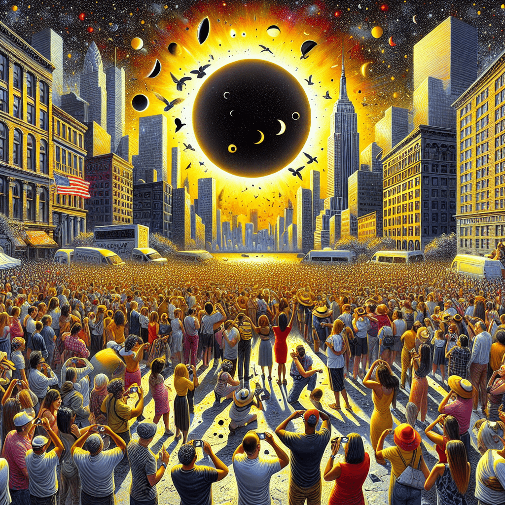 Frenzy in New York as the solar eclipse approaches with solar viewers eagerly anticipating the celestial event's shadowy journey. Governor ensures preparations for the rush.
